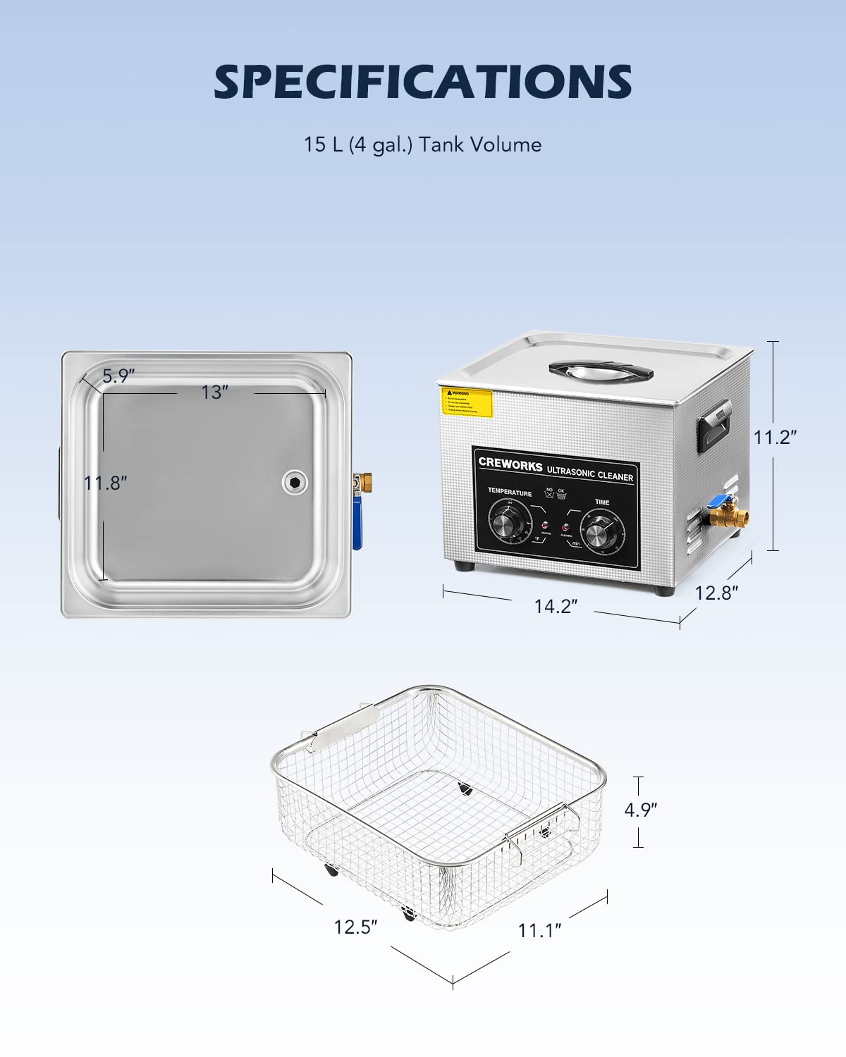 CREWORKS 15L Ultrasonic Cleaner with Knob, Total 760W Professional Industrial Auto Cleaning Machine for Carburetor Repairing Tools Parts Instrument, 40kHz Digital Sonic Cavitation Cleaner with Heater