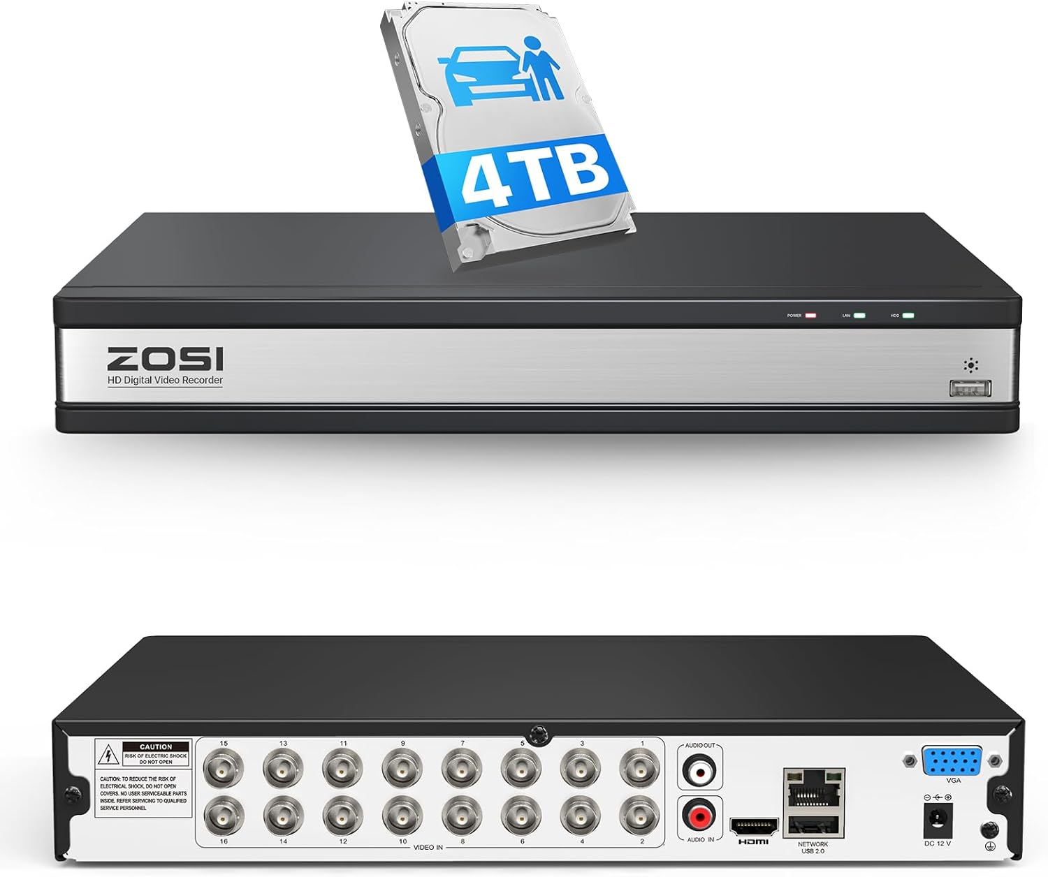 ZOSI 1080P H.265+ 16 Channel Video Security DVR Recorder with AI Human/Vehicle Detection, 16CH Hybrid 4-in-1 CCTV DVR with 4TB HDD for HD-TVI, AHD, CVI, CVBS Surveillance Cameras, 24/7 Recording