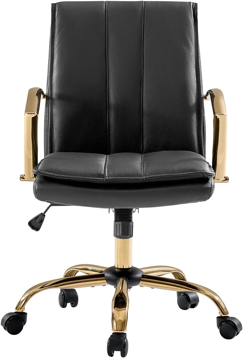 HULALA HOME Genuine Leather Home Office Desk Chair, Adjustable Swivel Computer Chair with Golden Legs and Arms, Comfy Upholstered Task Chair, Black