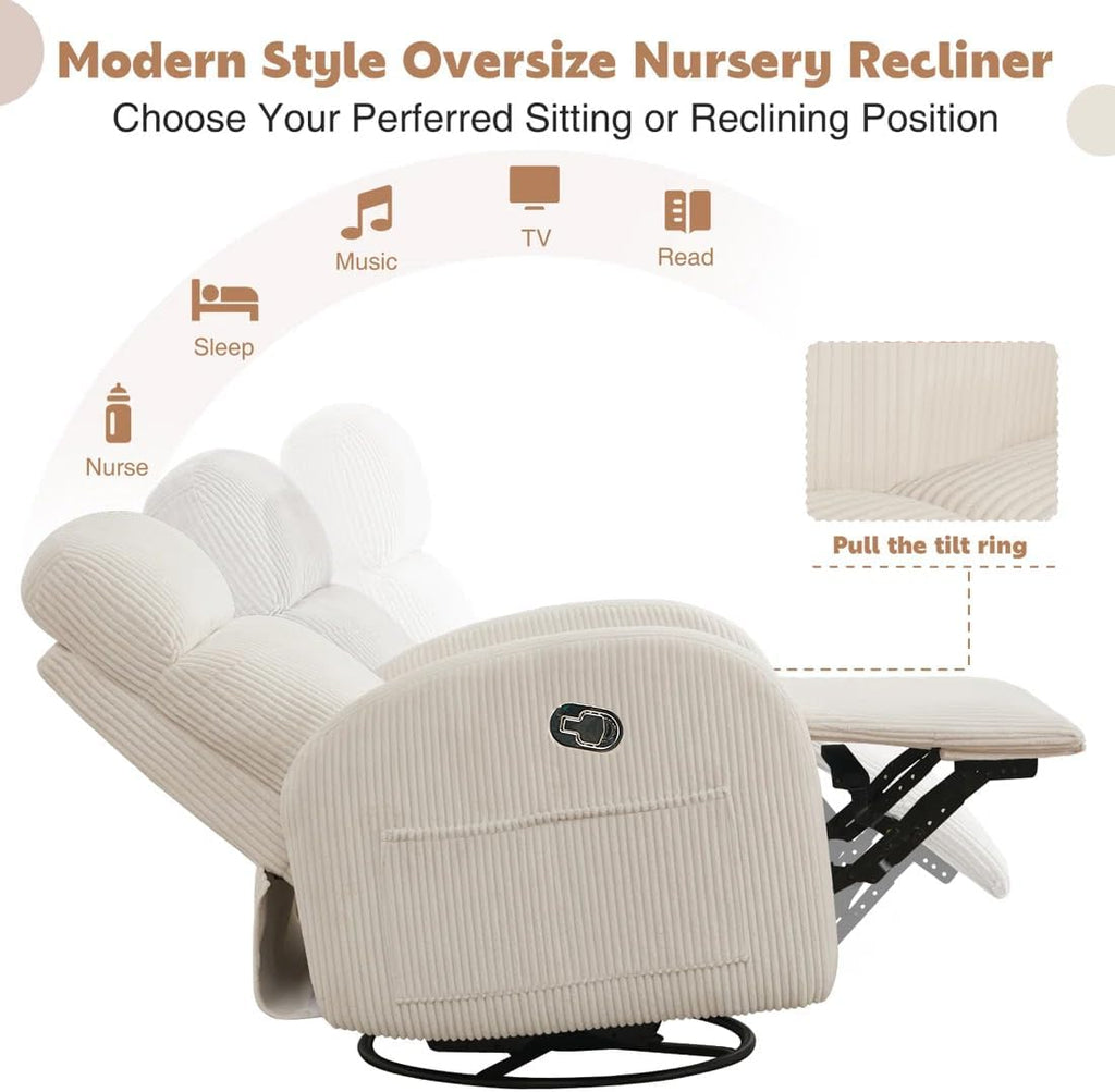 Glider Recliner for Nursery, Swivel Rocker Recliner with 2 Pockets for New Mother, Corduroy Manual Roking Recliners for Living Room, Bedroom, Cream White