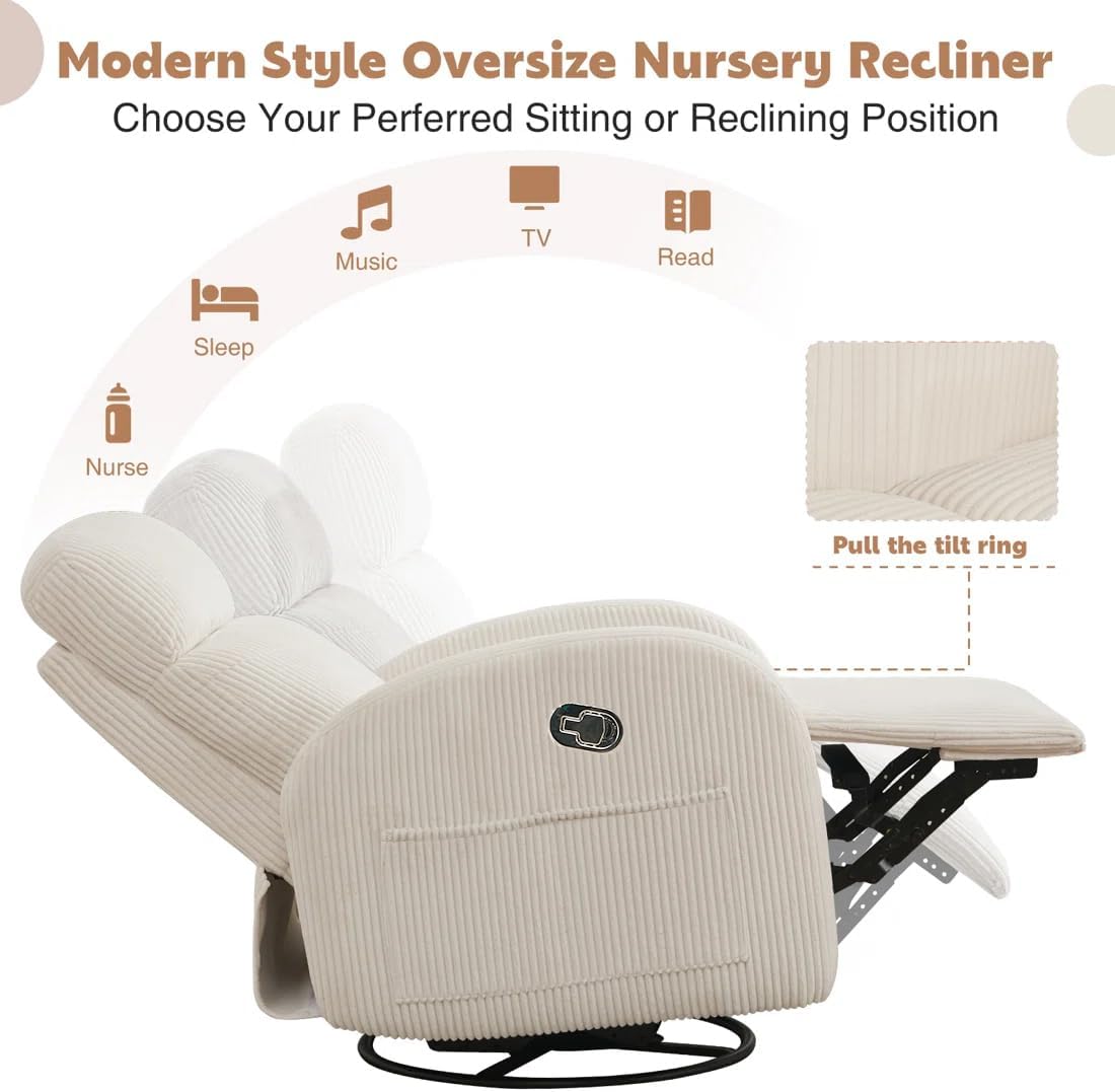 Glider Recliner for Nursery, Swivel Rocker Recliner with 2 Pockets for New Mother, Corduroy Manual Roking Recliners for Living Room, Bedroom, Cream White