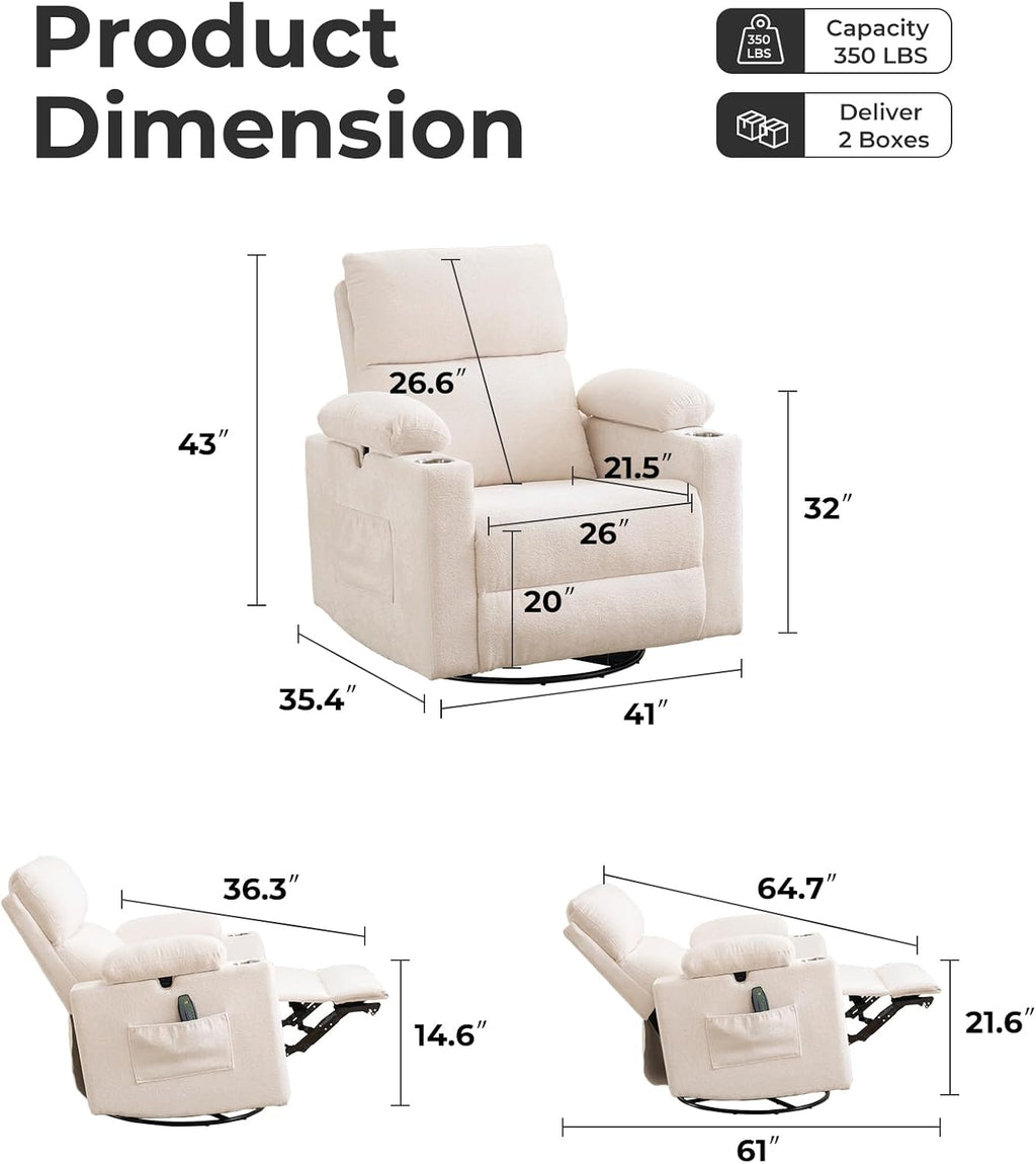 Rocking Chair Nursery with Adjustable Armrests, Electric Glider Recliner Nursing Chair for Breastfeeding, Power Swivel Recliner Chairs with Massage and Heat, Adjustable Headrest , FSC Certified, White