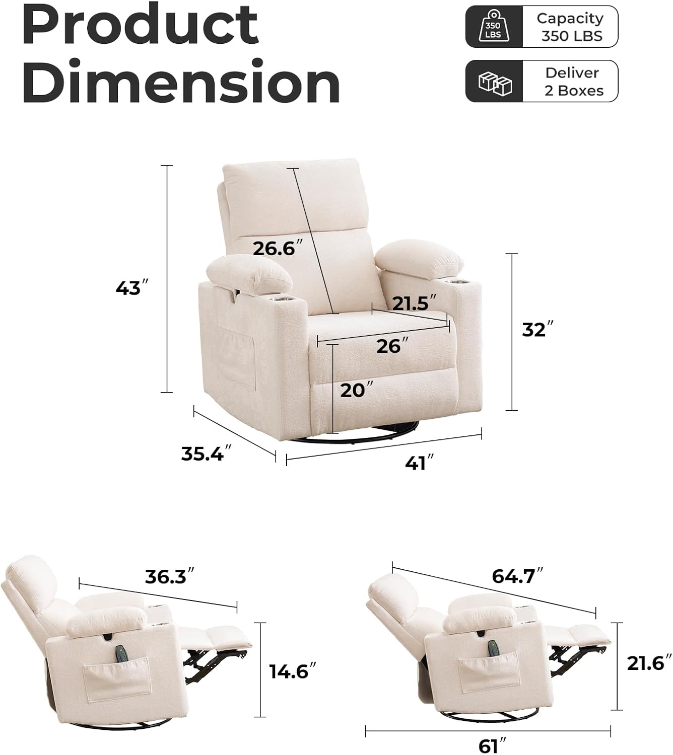 Rocking Chair Nursery with Adjustable Armrests, Electric Glider Recliner Nursing Chair for Breastfeeding, Power Swivel Recliner Chairs with Massage and Heat, Adjustable Headrest , FSC Certified, White