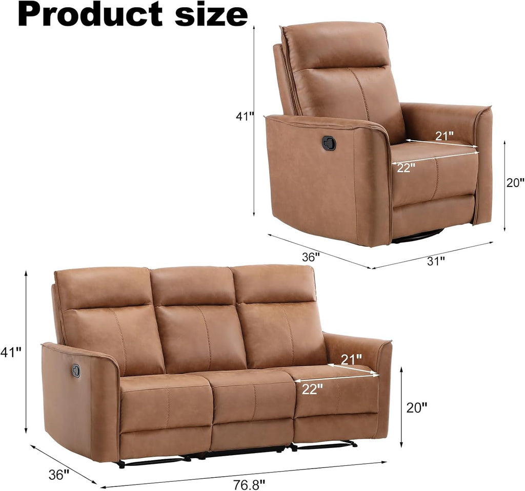EBELLO Manual Recliner Sofa Furniture Set for Living Room, 2 Leathaire Nursing Chairs Swivel Glider Recliners and a 3 Seater Reclining Couch Set for Home Office, Brown