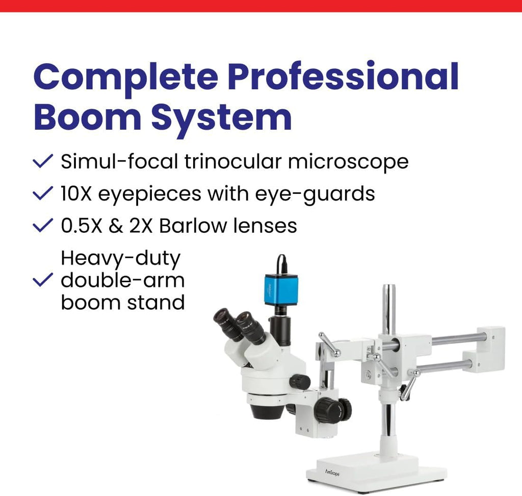 AmScope SM-4TPZ Professional Trinocular Stereo Zoom Microscope with Simultaneous Focus Control, WH10x Eyepieces, 3.5X-90X Magnification, 0.7X-4.5X Zoom Objective, Ambient Lighting, Double-Arm Boom Stand, Includes 0.5X and 2.0X Barlow Lens