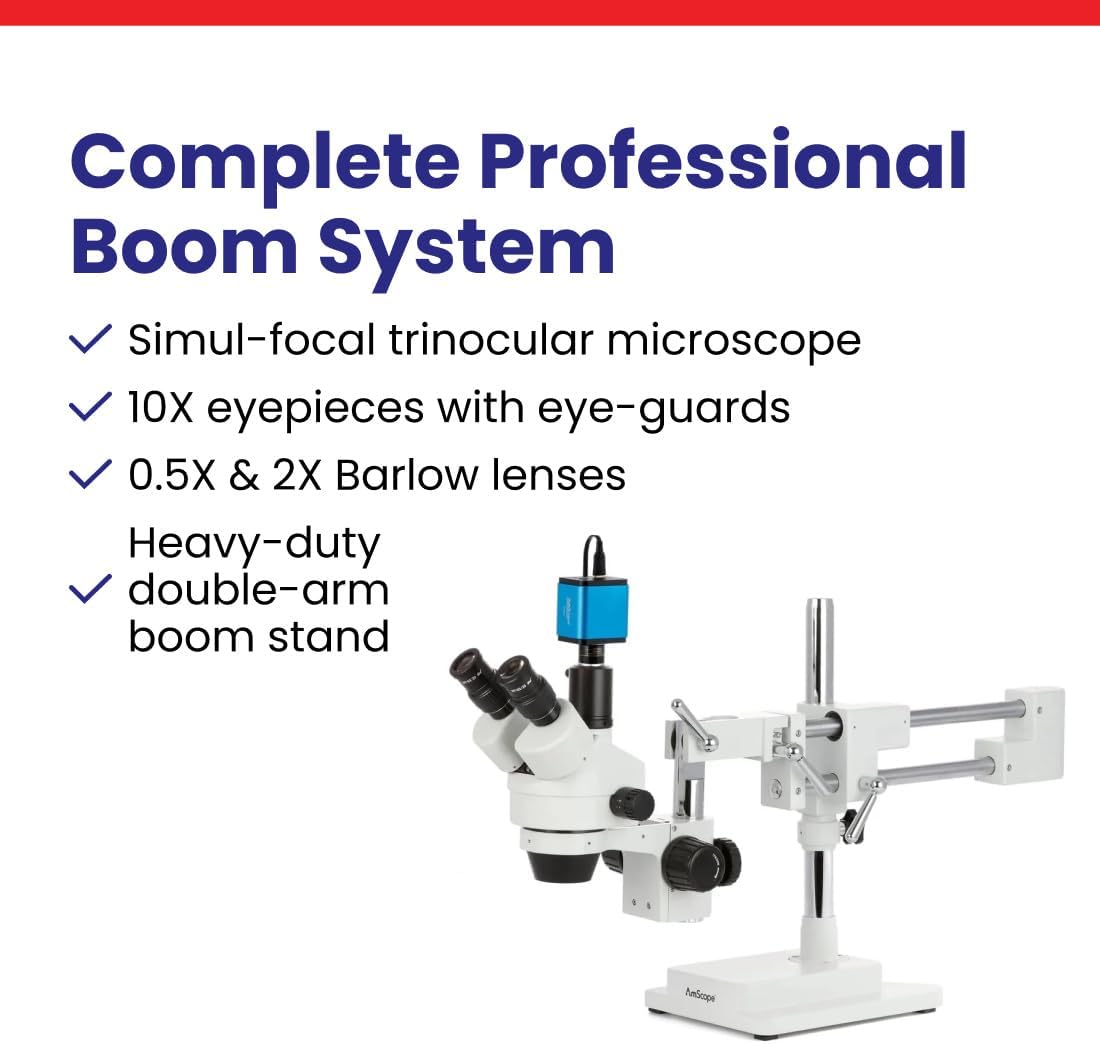 AmScope SM-4TPZ Professional Trinocular Stereo Zoom Microscope with Simultaneous Focus Control, WH10x Eyepieces, 3.5X-90X Magnification, 0.7X-4.5X Zoom Objective, Ambient Lighting, Double-Arm Boom Stand, Includes 0.5X and 2.0X Barlow Lens