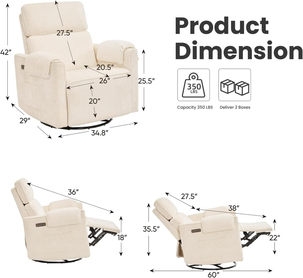 Oversized Power Recliner Chair Swivel Glider with Adjustable Headrest, 26' Extra Wide Glider Nursery Chair with Overstuffed Armrest, USB Ports, Chenille Fabric, Cream
