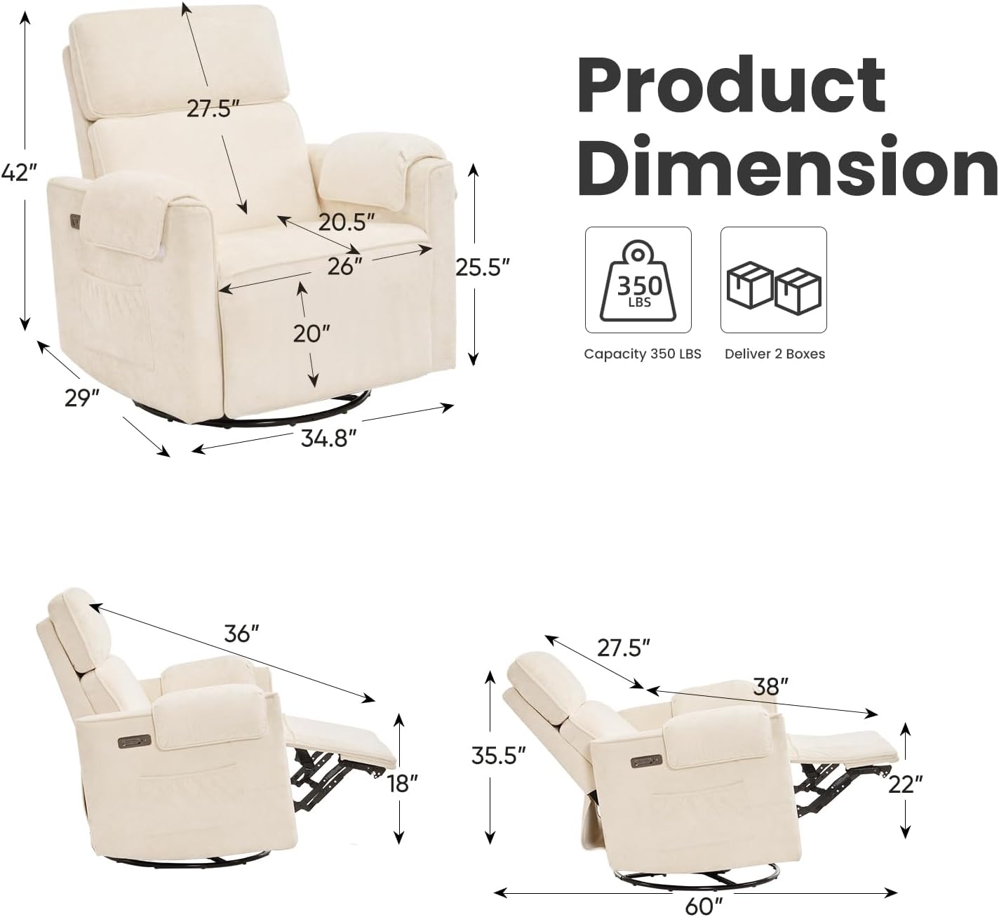 Oversized Power Recliner Chair Swivel Glider with Adjustable Headrest, 26' Extra Wide Glider Nursery Chair with Overstuffed Armrest, USB Ports, Chenille Fabric, Cream