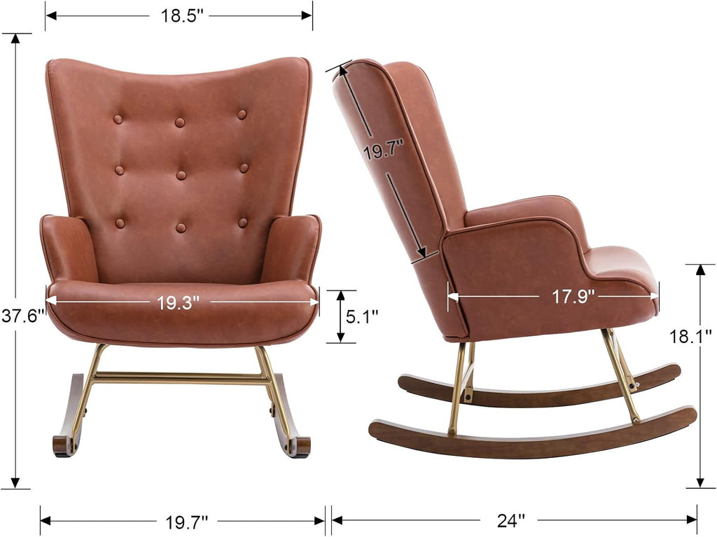 EALSON Nursery Rocking Chair Leather Upholstered Lounge Chair Tufted Wingback Accent Rocker Chair with Wooden Base Modern Comfy Armchair for Bedroom Living Room,PU Brown