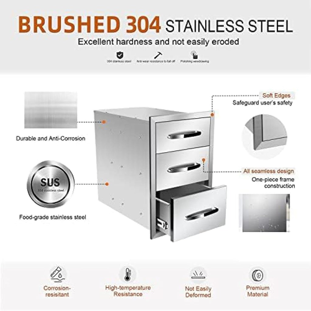 Outdoor Kitchen Drawer BBQ Drawer Outdoor Kitchen Access Drawers Horizontal- Stainless Steel Double Drawers for Outdoor Kitchen Grilling Station Or BBQ Island,14Wx21Dx21H