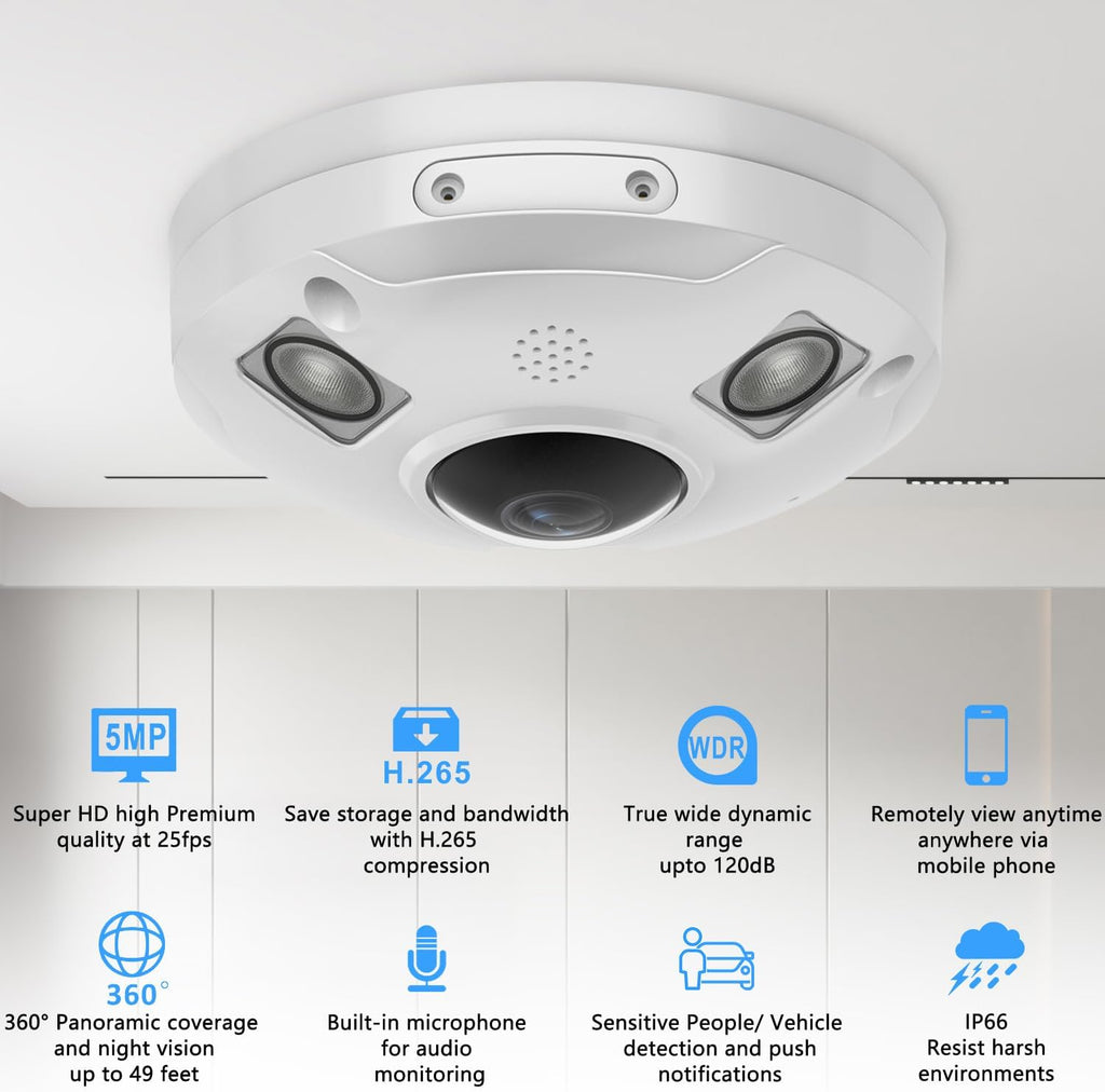 5MP POE IP Fisheye Camera, 1.44mm Lens 360° Viewing Angle Metal Panorama Camera, Mic. Audio in, 48ft Infrared Night Vision, Motion Detection, WDR, IP66 Water-Proof Indoor&Outdoor