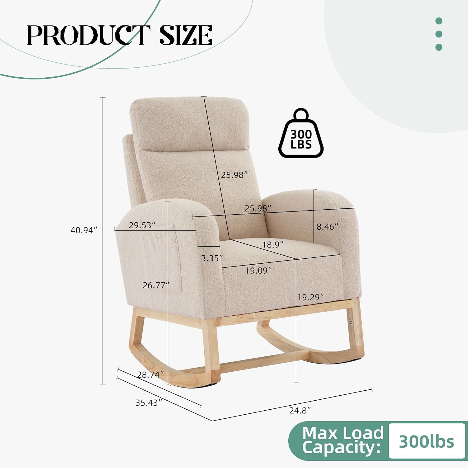 IDEALHOUSE Nursery Rocking Chair, Upholstered Glider Rocker with High Back & Side Pocket, Comfy Nursing Chair for Breastfeeding, Padded Nursery Armchair for Baby Room, Bedroom & Living Room
