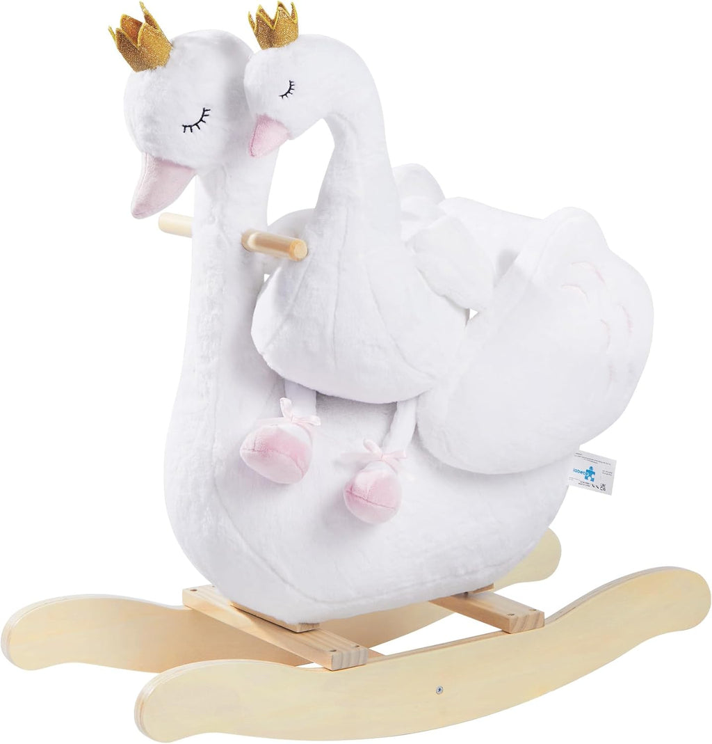 labebe Kids Rocking Horse White Swan with Little Plush Doll Toys, Stuffed Animal Wooden Rocker for Children 6 Months Boys and Girls/Nursery Christmas, Birthday Gift (Rocking Swan with Doll)