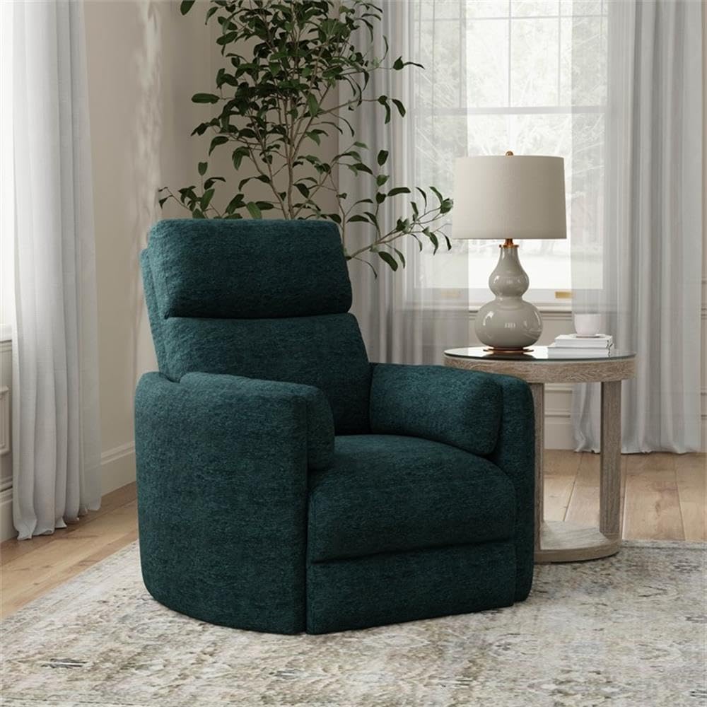 Pemberly Row Polyester Power Swivel Glider Recliner in Peacock Blue with USB Charging Ports and 2 Comfort Pillows for Living Room