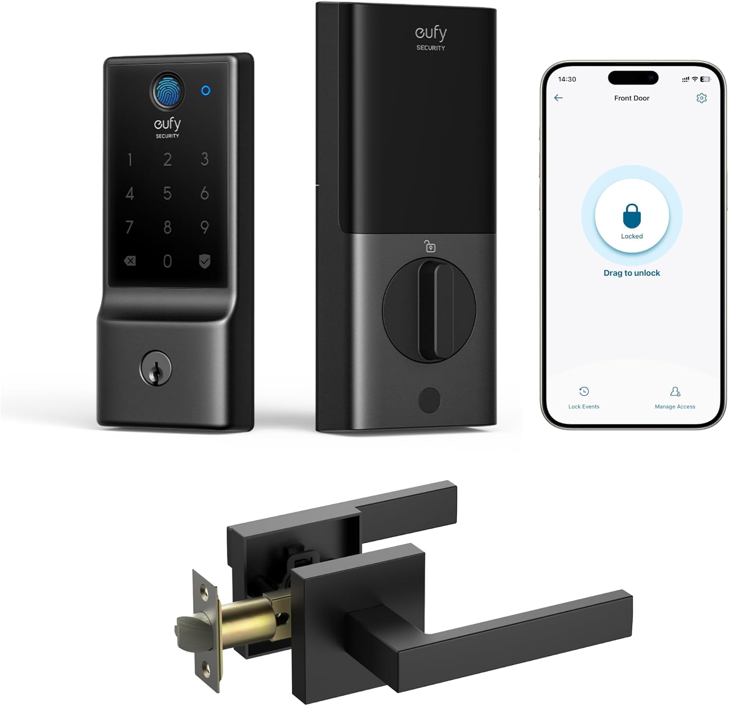 eufy Security Smart Lock Front Door Lever Set, Fingerprint Keypad Door Lock with Handle, Built-in Wi-Fi, App Control, Keyless Entry Deadbolt, 8 Months Battery, IP53 Waterproof, BHMA Certified