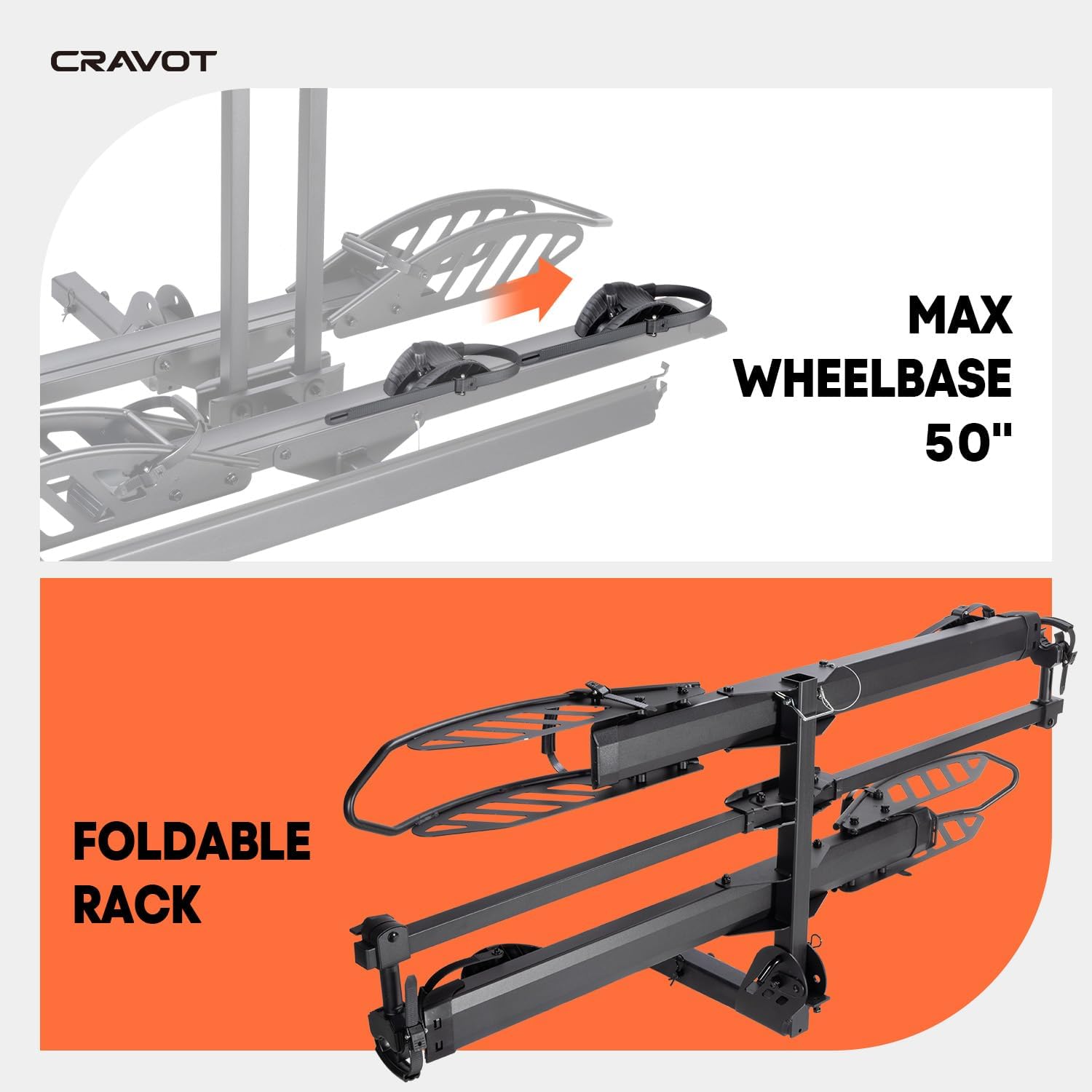 CRAVOT CyberRack E2 Hitch 2 EBike Rack with Ramp, 200 lbs Capacity Electric Bike Carrier Foldable Platform Mount, Up to 5-inch Fat Tire Bicycle for 2'' Receiver Cars Trucks SUVs Minivans RV, Trailer