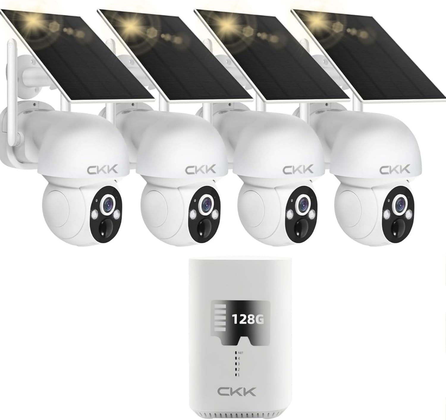 2.5K Home Security Solar Cameras Wireless System,4 Cameras Kit with Solar Battery Powered, 360° WiFi Camera with PIR,2-Way Audio, Spotlight Camera, 128G Local Storage,99% New-Showpiece