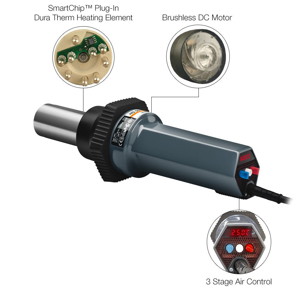 Steinel HG 5000 E Case - a powerful 230 V heat gun with 28 cfm hot air output and fully intelligent electronic temperature and airflow control, LED temperature display showing selected and actual temperature, High-performance tool with 3400 W, 35035