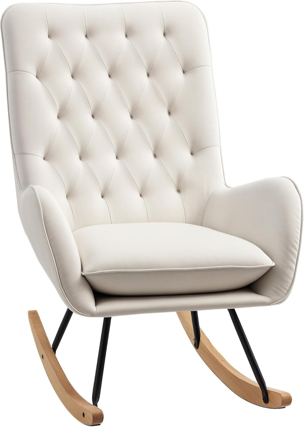 HOMCOM Mid-Century Fabric Rocking Chair Sofa Armchair Tufted Rocker Wingback Accent Chair with Padded Seat, Rubber Wood Base for Home Studio, Bedroom, Living Room, Cream White