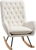 HOMCOM Mid-Century Fabric Rocking Chair Sofa Armchair Tufted Rocker Wingback Accent Chair with Padded Seat, Rubber Wood Base for Home Studio, Bedroom, Living Room, Cream White