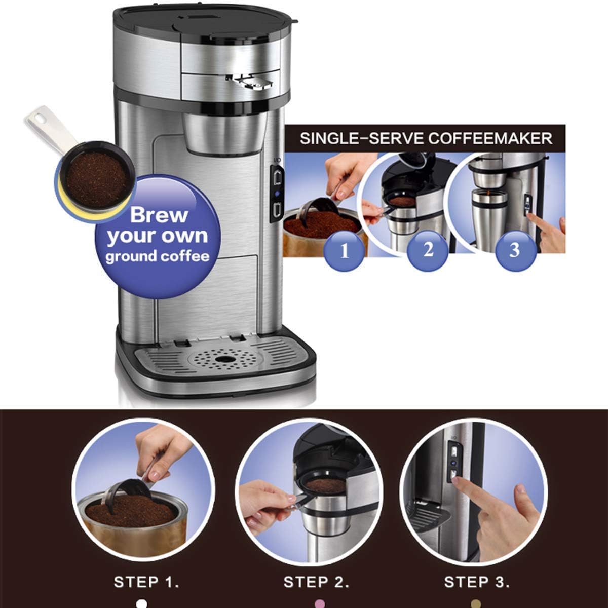 Coffee Machine Coffee Machine Filter Coffee Machine,Detachable Filter Automatic Coffee Makers for One Cup Stainless Steel 1300W