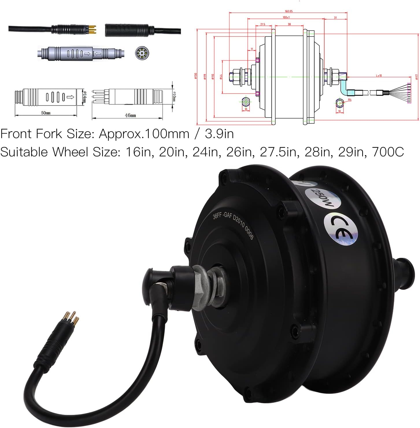 BTER Electric Bicycle Hub Motor, 36V 250W Waterproof Front Wheel Conversion Motor Kit with 3 Riding Modes, 25-28km/h Brushless Gear Drive for Bike Upgrade Parts