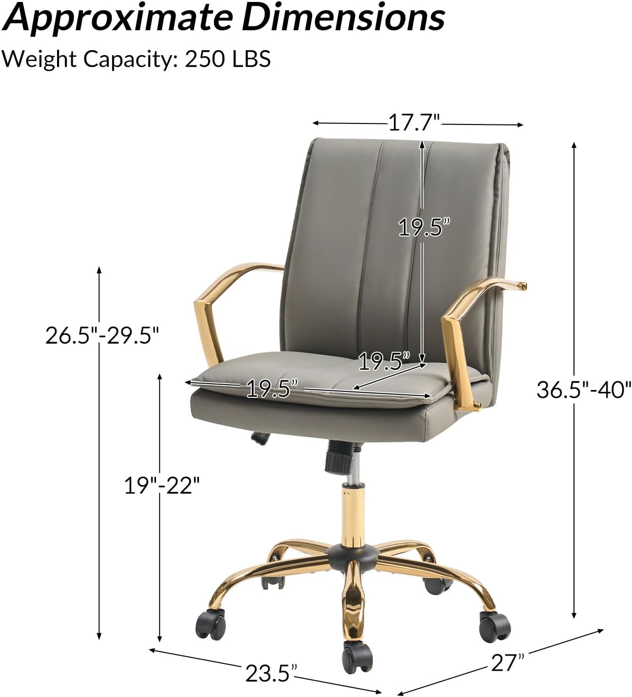 HULALA HOME Faux Leather Office Chair, Modern Adjustable Swivel Rocking Rolling Wheels Computer Desk Chair with Gold Legs and Arms, Upholstered Study Chair (Grey)
