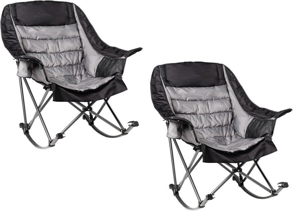 2 PCS Oversized Rocking Camping Chair for Adults - 400lbs Capacity Padded Camp Chair, Portable Foldable Outdoor Rocker Chair for Camping, Backyard, Patio (Black & Gray)