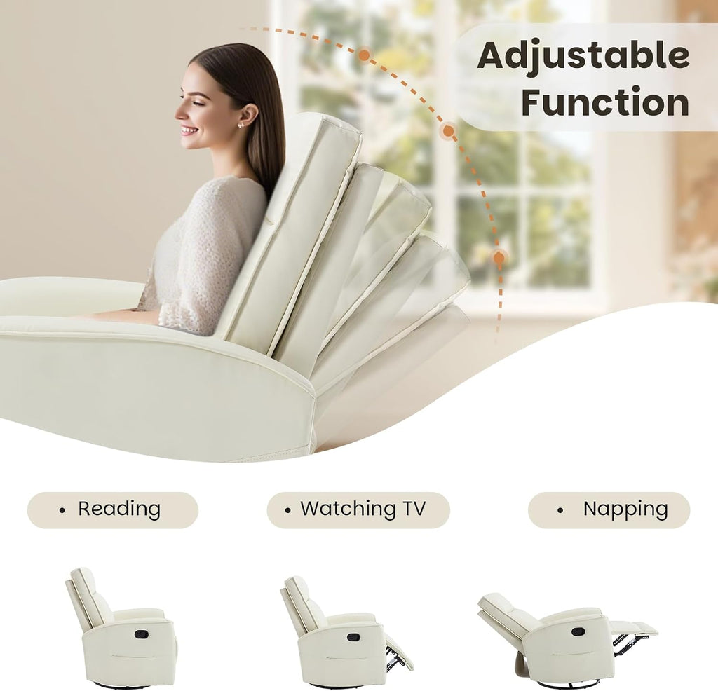 CANMOV Rocker Recliner Chair,360°Swivel Nursery Glider Recliner,Manual Recliner Sofa with Padded Armrest and Backrest,Leather Recliner for Small Spaces,Living Room,Bedroom (White)