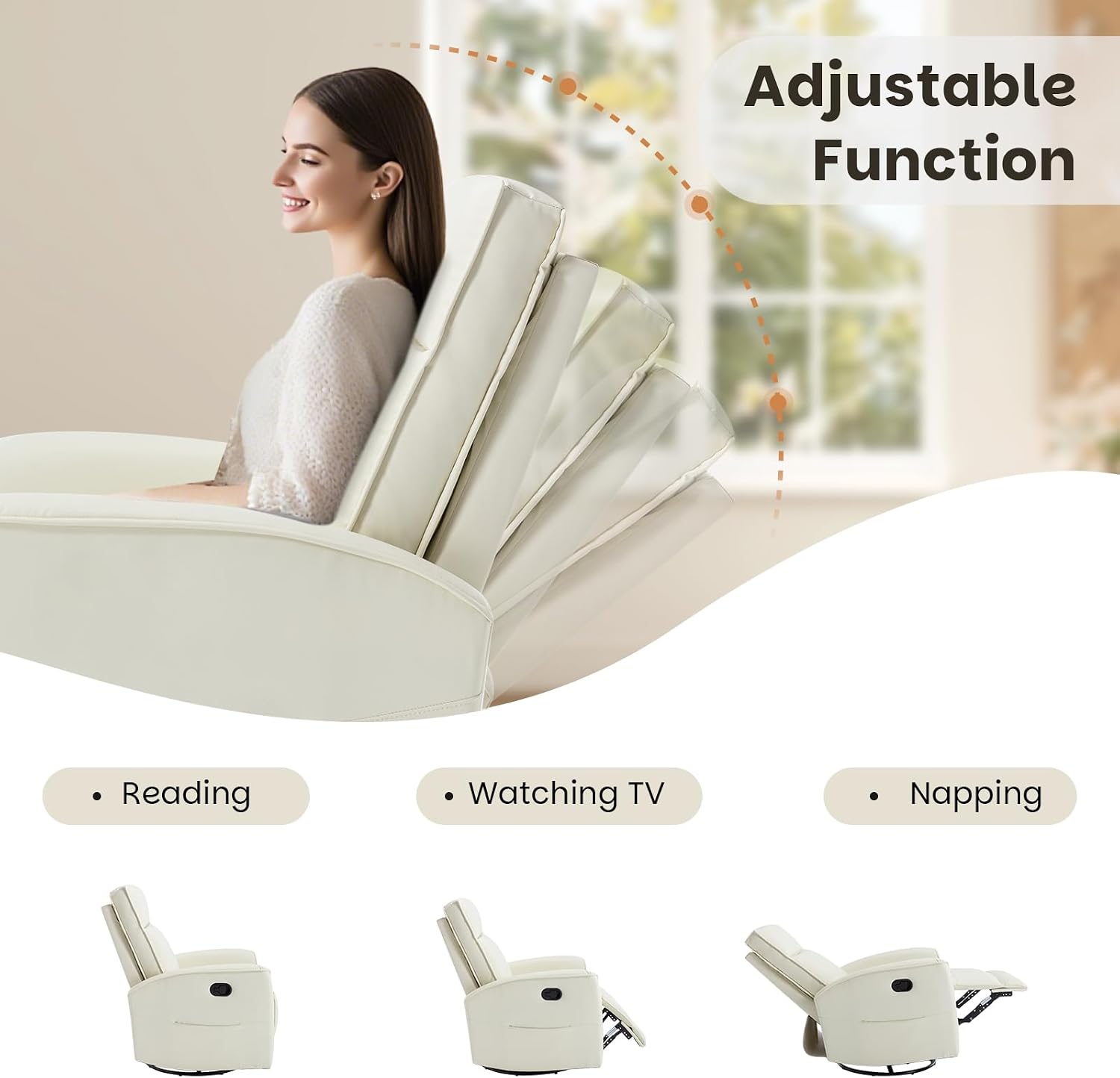 CANMOV Rocker Recliner Chair,360°Swivel Nursery Glider Recliner,Manual Recliner Sofa with Padded Armrest and Backrest,Leather Recliner for Small Spaces,Living Room,Bedroom (White)
