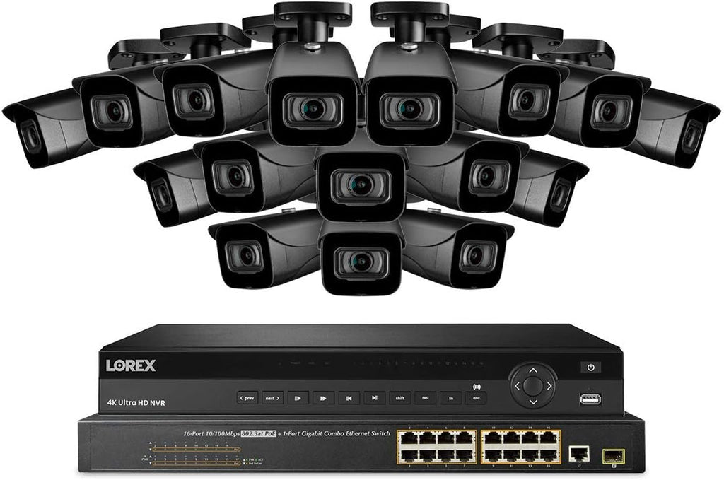 Lorex NC4K8-3216BB 32 Channel 4K Security Camera System with N882A38B 8TB 4K Fusion NVR, 16 Port ACCLPS263B POE Switch and 16 E841CAB 8MP Bullet Cameras