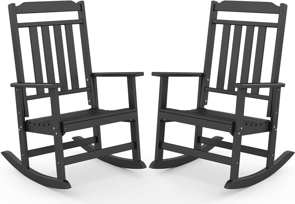 GREENVINES Outdoor-Rocking-Chairs-Set-of-2 | HDPE Plastic | Patio Rockers | Porch Rocker Chair | Oversized | High Back | Big & Tall | Black
