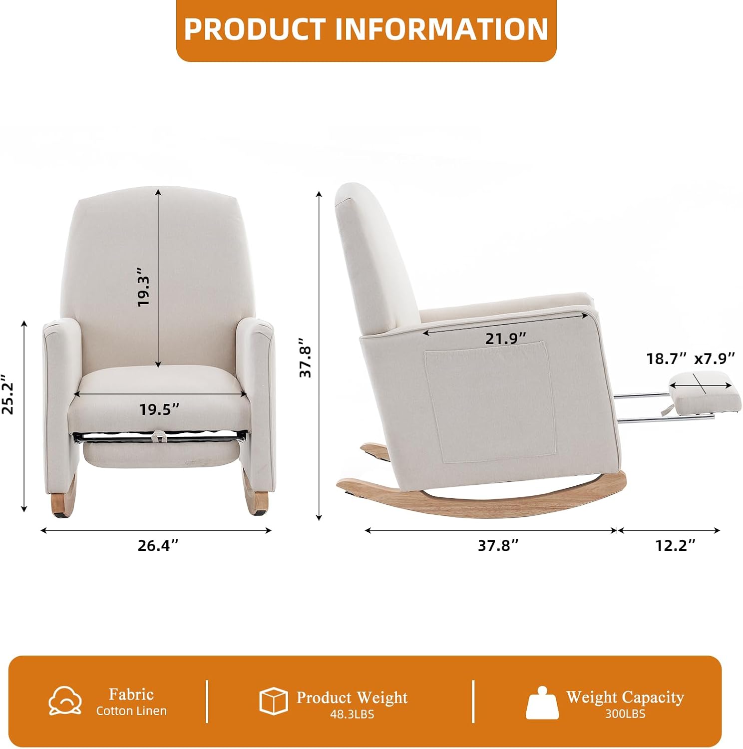 Rocking Chair Nursery with Foot Rest, Nursing Rocking Chair with High Backrest, Glider Rocker Chair for Living Room, Bedroom, Nursery(Cotton Linen Beige)