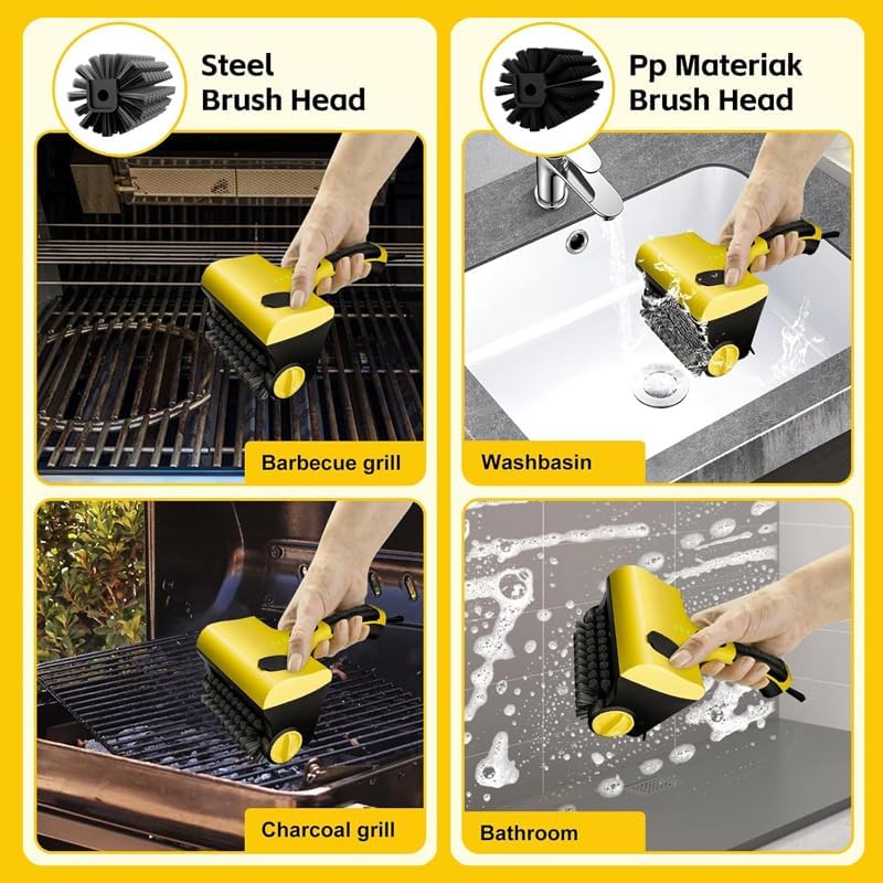 Cordless Electric Grill Cleaner - 360° Rotating BBQ Brush with Replacement Bristles, Safe for Charcoal & Gas Grates, Effortless Cleaning for Perfect Grilling