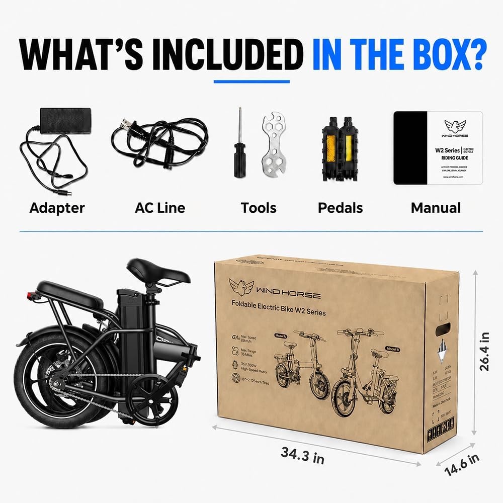 WINDHORSE 16' Folding Electric Bike for Adults, 630W Peak Electric Bicycle, 20MPH, 20-35 Miles Range, 288Wh Removable Battery, UL2849 Certified Commuter Ebike