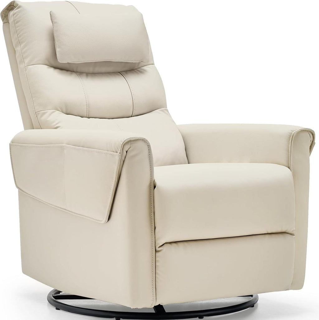AIRSKY Leather Recliner Chair, Top Grain Leather, Italian Water-Washing Process, Rocking Chair Nursery,Swivel Rocker Recliner, Nursery Rocking Chairs,Movable Headrest,Living Room Chair, Beige,R3