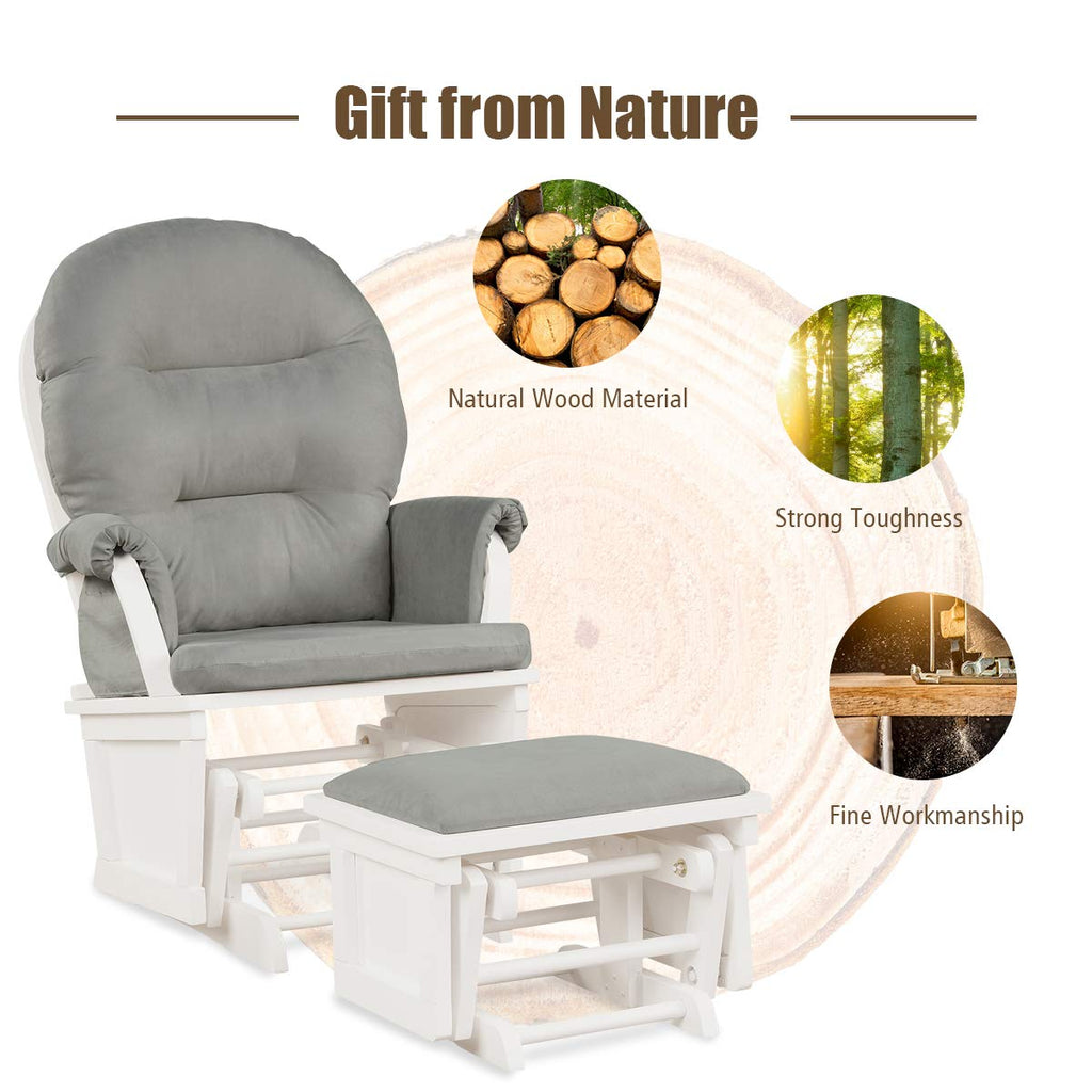 Costzon Baby Glider and Ottoman Cushion Set, Wood Baby Rocker Nursery Furniture for Napping, Nursing, Reading, Upholstered Comfort Nursery Chair w/Padded Armrests & Detachable Cushion (Light Grey)