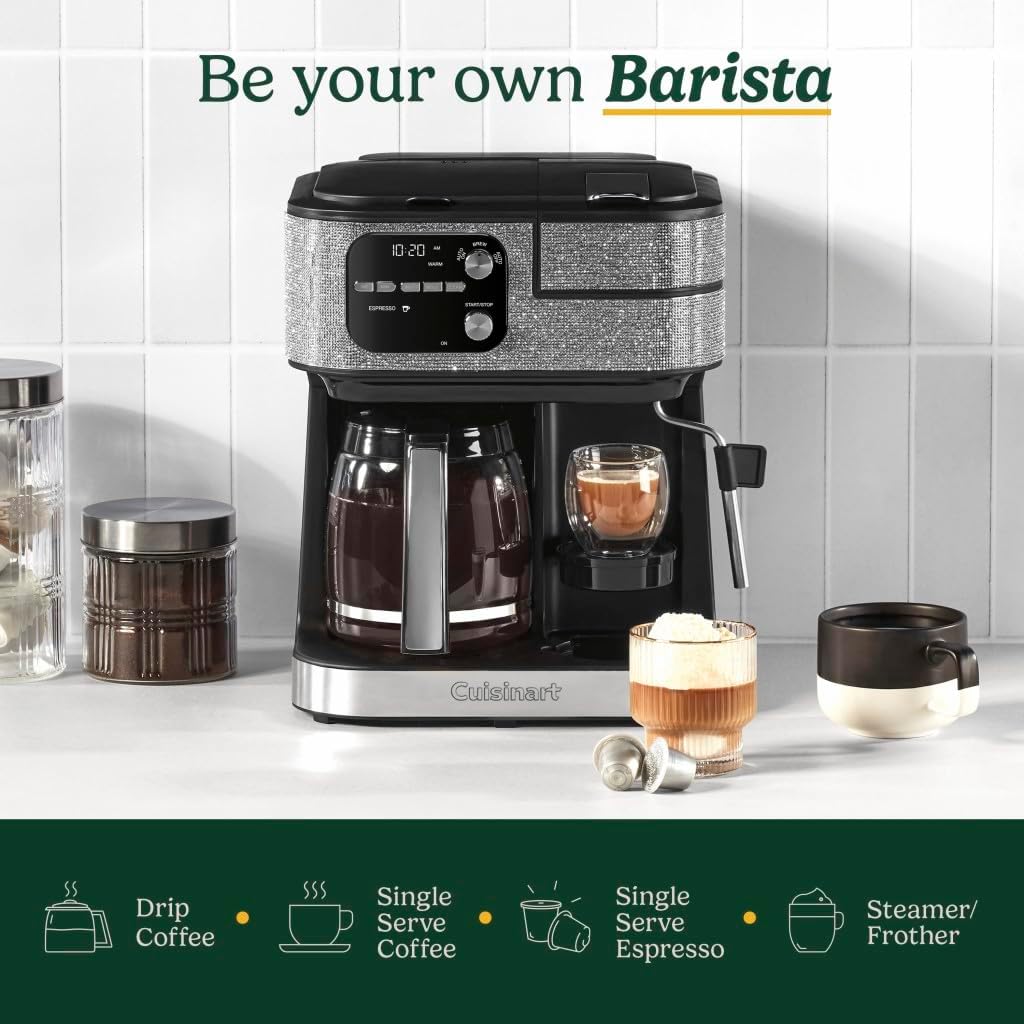 Cuisinart Coffeemaker, Coffee Center Barista Bar 4-In-1 Coffee Machine, Single-Serve Coffee, Espresso & Nespresso Capsule Compatible, 12-Cup Carafe, Silver Crystal, SS-4N1SC