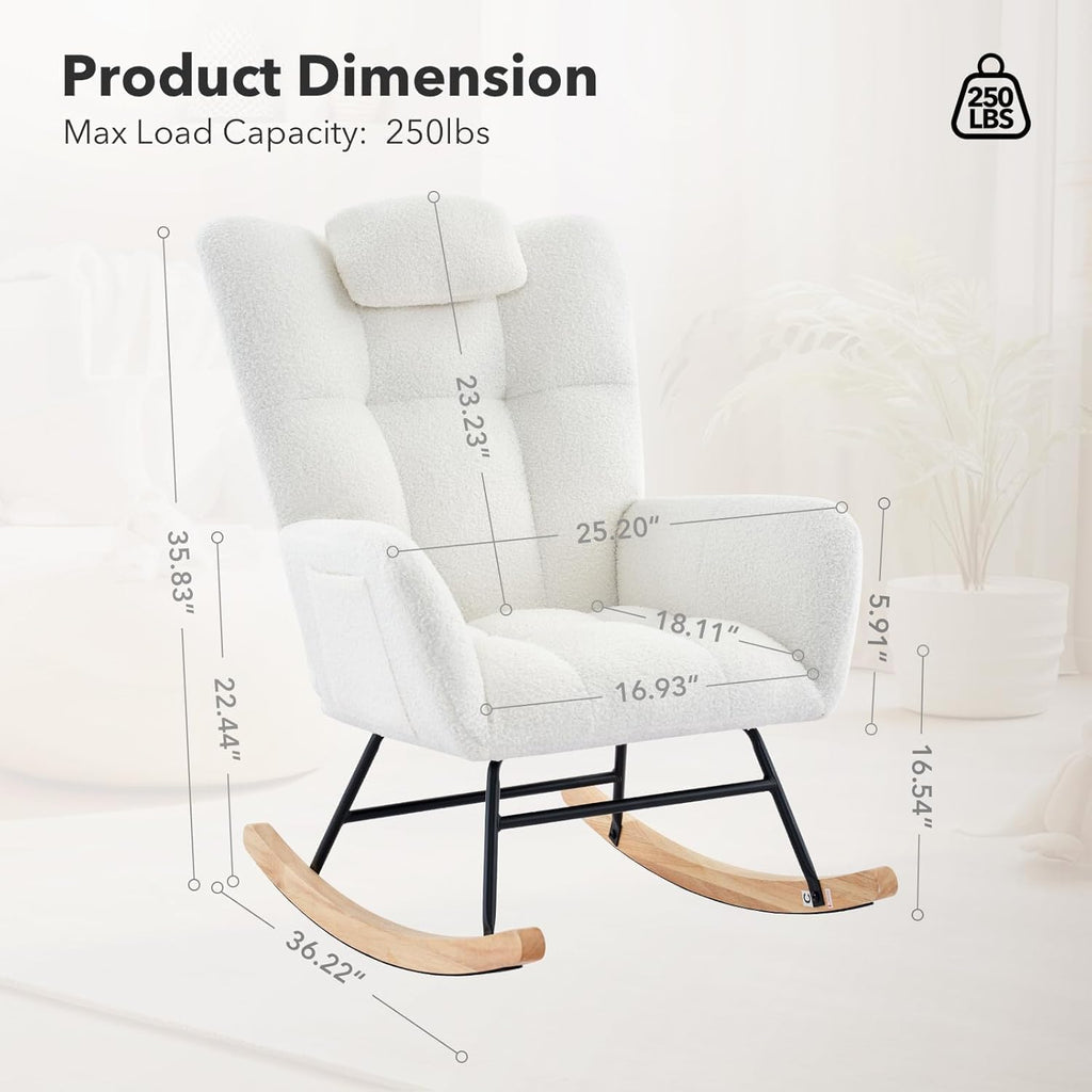 Rocking Chair Nursery Teddy with Pillow&High Backrest Armchair,Fabric Upholstered Accent Chair Nursing Chairs for Living Room, Bedroom,Beige
