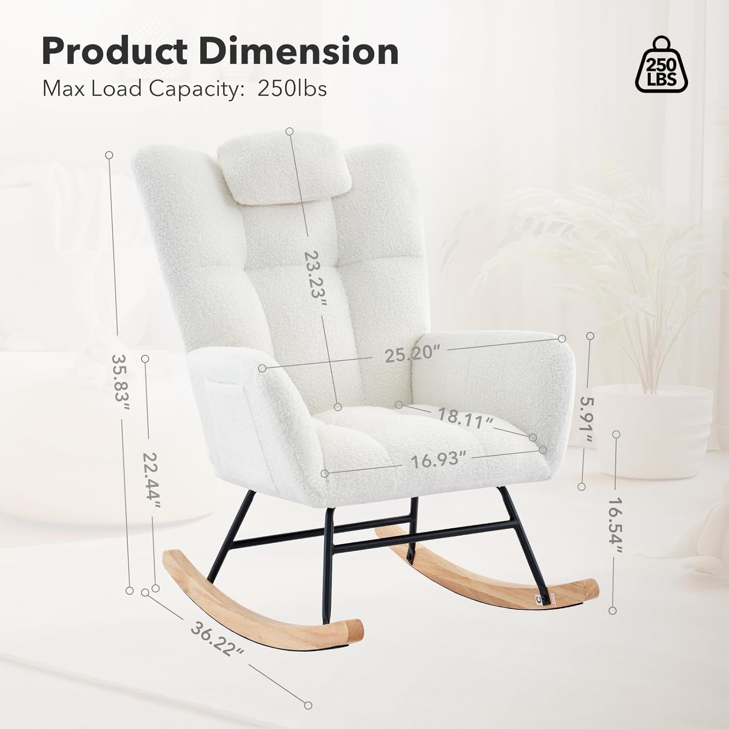 Rocking Chair Nursery Teddy with Pillow&High Backrest Armchair,Fabric Upholstered Accent Chair Nursing Chairs for Living Room, Bedroom,Beige