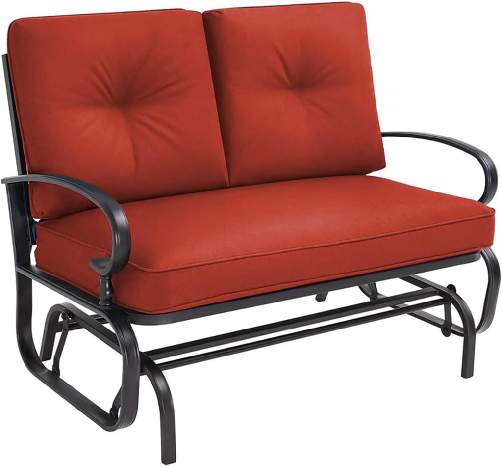 Crownland Outdoor Patio Glider Chair, Rocking Glider Bench for 2 Person, Porch Furniture Loveseat Seating, Wrought Iron Patio Gliders for Outside, Porch, Garden, Classic Red