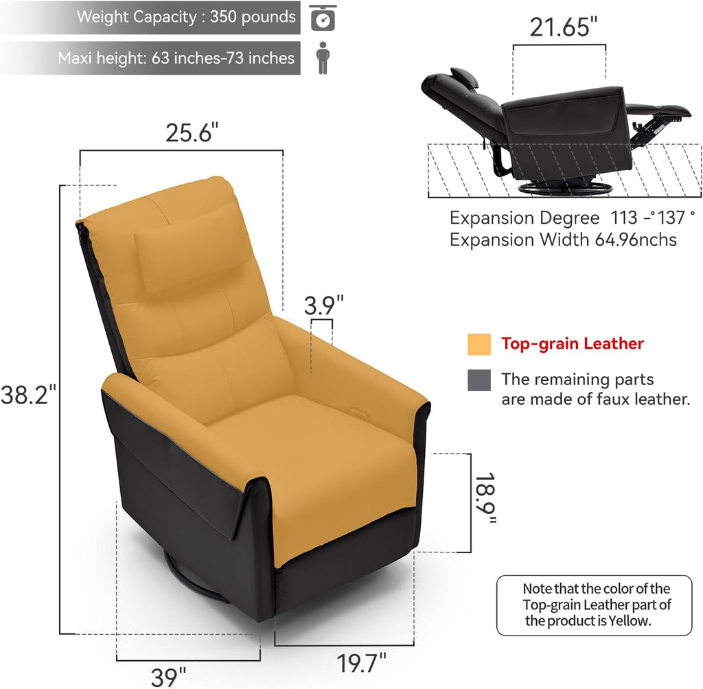 AIRSKY Leather Recliner Chair, Top Grain Leather, Italian Water-Washing Process, Glider Rocking Chair,Swivel Rocker Recliner, Movable Headrest,Nursery Rocking Chairs, Single Reclining Chair, Black,R3
