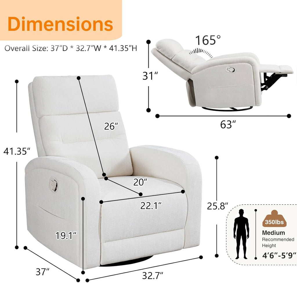 Swivel Rocker Recliner for Nursery, Upholstered Swivel Recliner Chairs, Glider Rocking Chairs Nursery Recliner, White Reclining Rocking Chairs for Living Room, Bedroom, Chenille Fabric