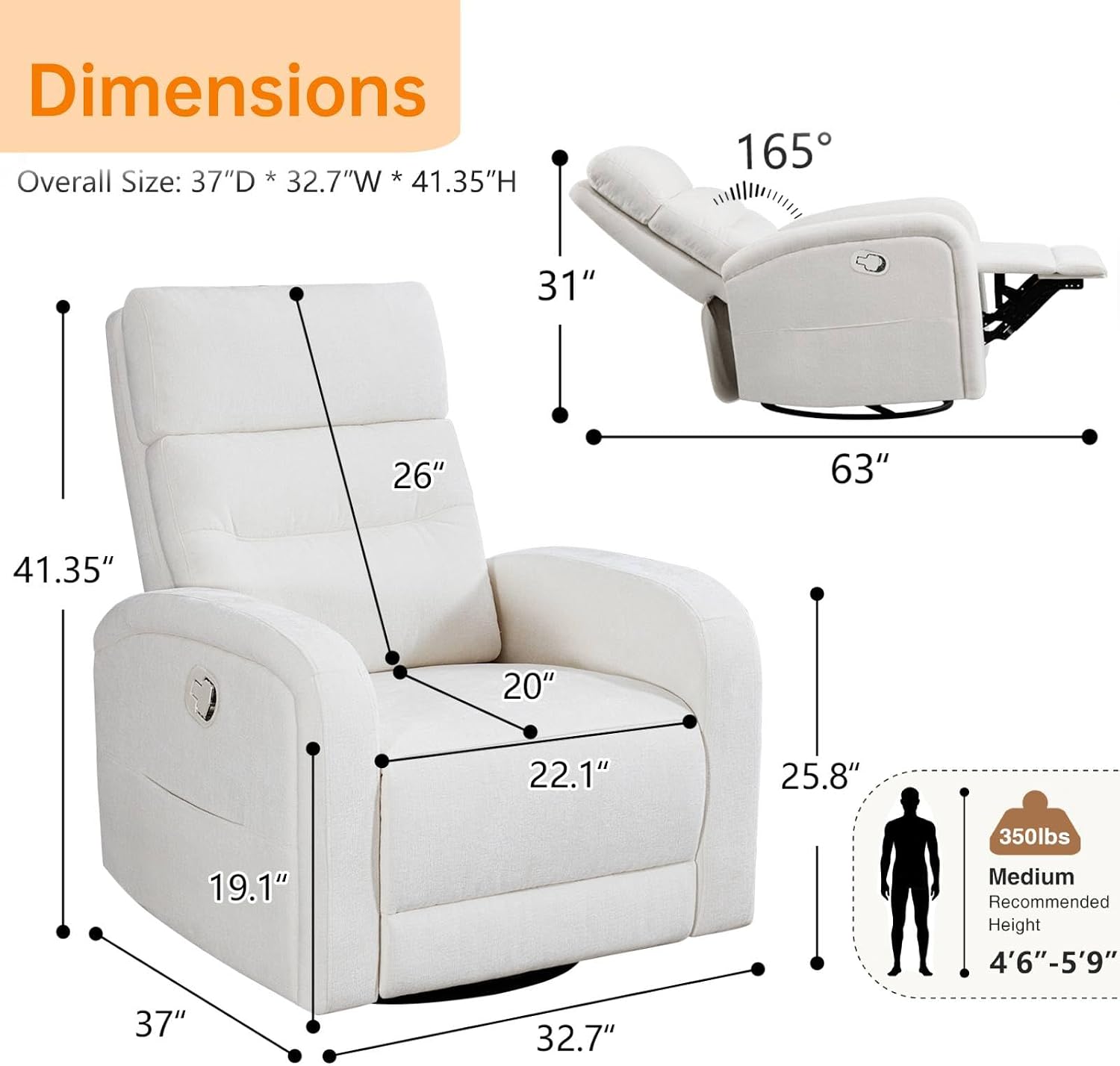 Swivel Rocker Recliner for Nursery, Upholstered Swivel Recliner Chairs, Glider Rocking Chairs Nursery Recliner, White Reclining Rocking Chairs for Living Room, Bedroom, Chenille Fabric