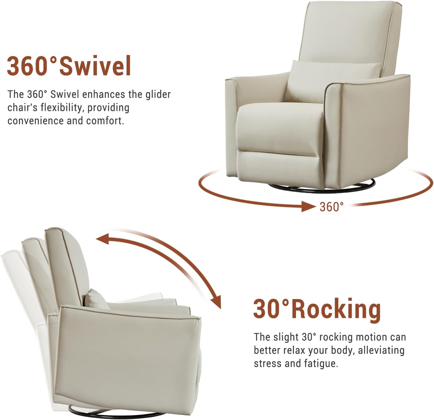 GAOMON Swivel Rocking Recliner Chair, Manual Leather Recliner Glider with Lumbar Support & Padded Armrest, Comfortable Rocker Nursery Single Sofa for Living Room and Bedroom (White)