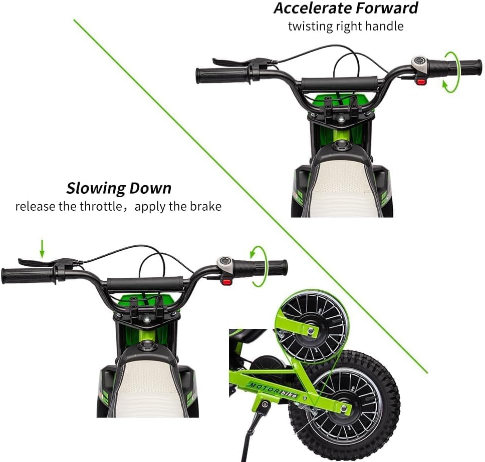 24V Electric Off-Road Motorcycle,250W Motor 13.6MPH Fast Speed Motocross,Leather Seat Dirt Bike,Twist Grip Throttle,Metal Suspension,Air-Filled Tires,for Kids Teens 8+ (Green)