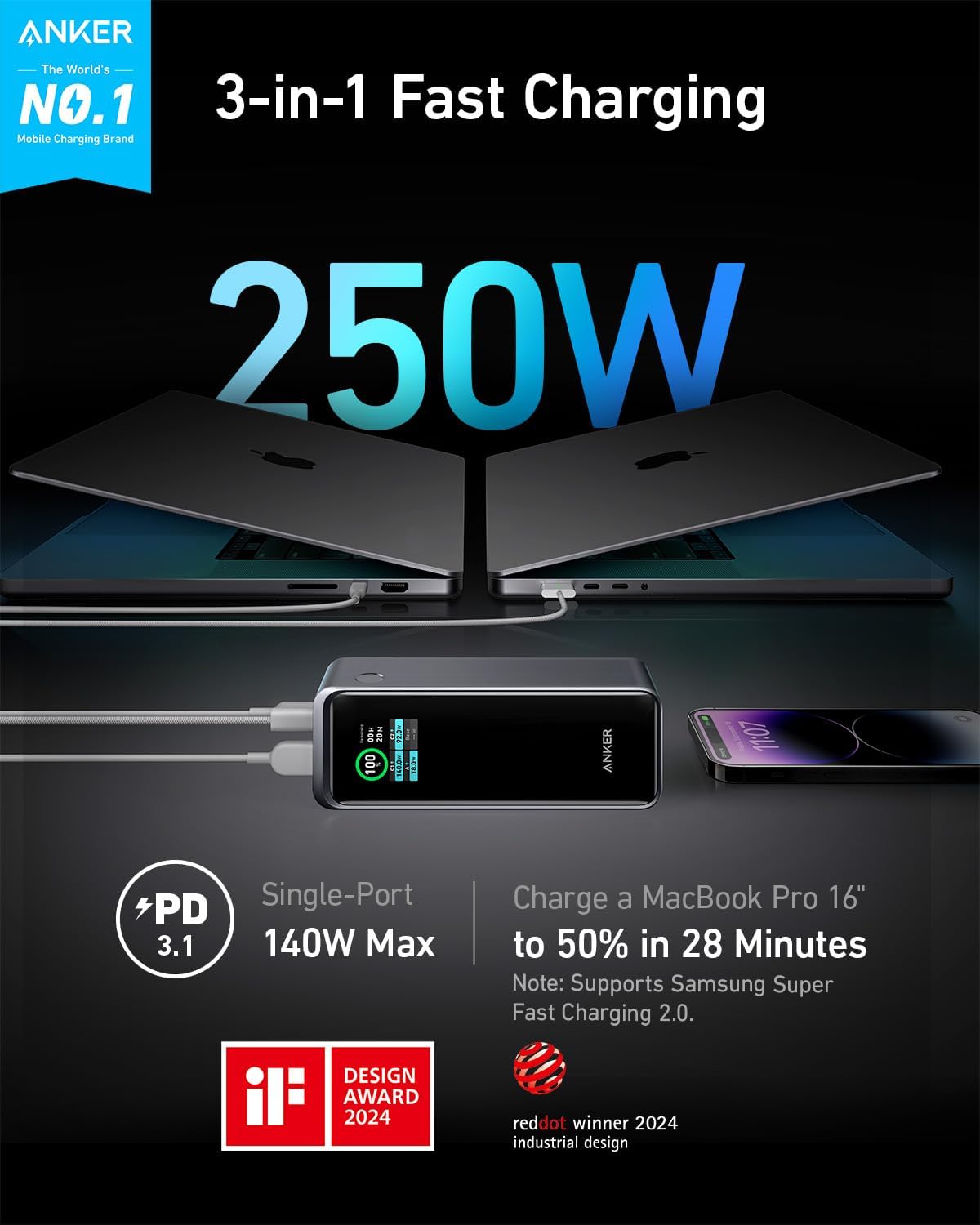 Anker Prime Charging Docking Station with 160W Max Output, 14 Ports, Dual 4K Displays with Anker Prime Power Bank, 27,650mAh 3-Port 250W Portable Charger for MacBook, iPhone, Samsung