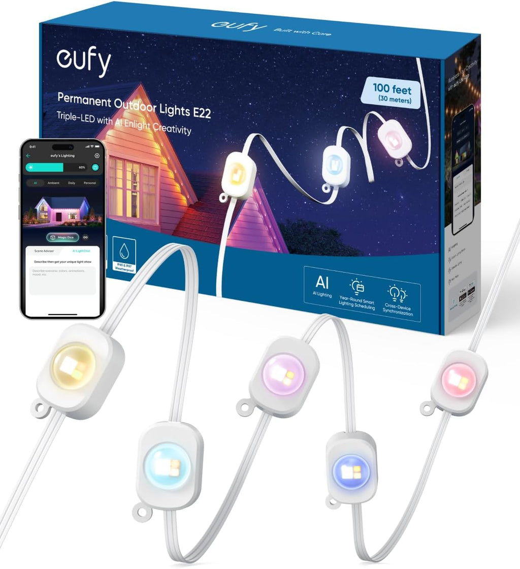 eufy Permanent Outdoor Lights E22, 100ft with 60 Triple-LED Lights, Smart RGBWW for Christmas, Daily and Holiday, Up to IP67 Waterproof, AI Light Themes for Christmas Decorations, Works with eufy Cams
