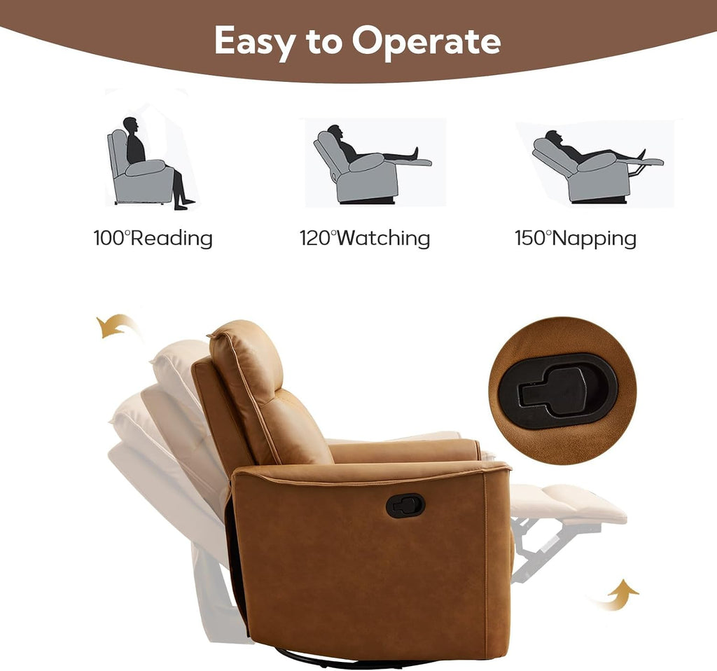 ANJ Manual Swivel Rocker Recliner, Glider Recliners with Padded Armrest and Backrest, Soft Faux Leather Nursery Rocking Recliner Chair Reclining Sofa for Living Room