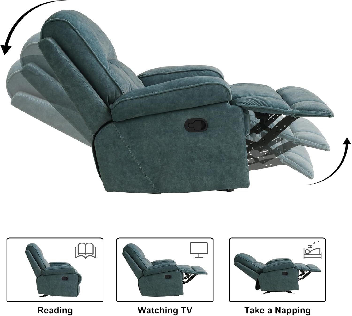 Manual Rocker Recliner Chair for Adults, High Back Glider with Deep Seat, Upholstered Fabric Armchair for Living Room & Nursery, Blue